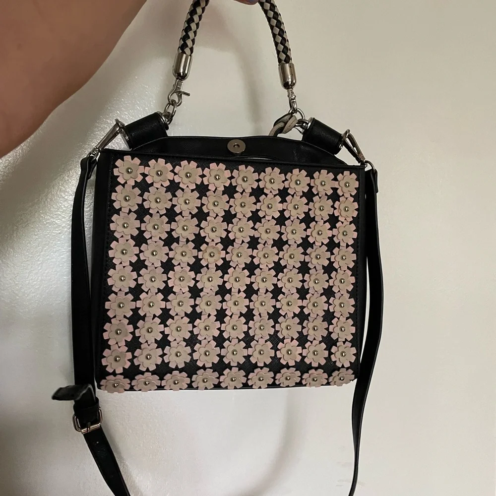 CATHERINE MALANDRINO BLACK & PINK FLORAL HANDBAG W CROSSBODY STRAP VEGAN LEATHER - Picture 2 of 7